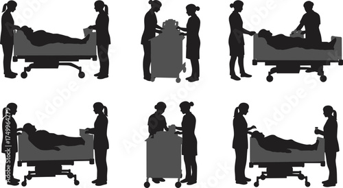 Silhouette nurses caring for patients in hospital beds, medical staff providing treatment and healthcare support, nurse and patient hospital scene vector illustration design