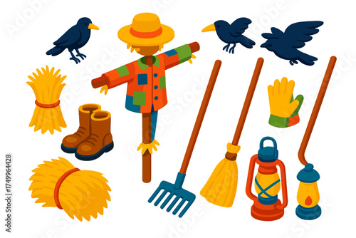 Colorful Farm Scarecrow Icons. Isometric vector illustration set Farm Scarecrow: classic scarecrow, straw hat, patchwork shirt,