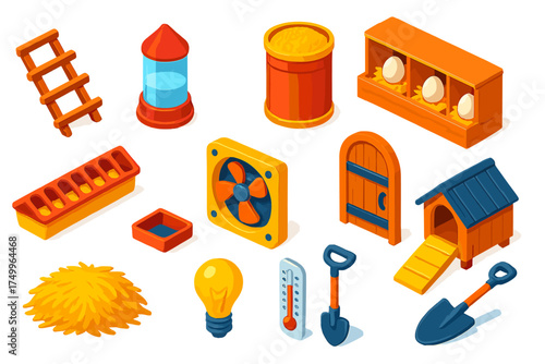 Chicken Coop Essentials. Isometric vector illustration set Chicken Coop Accessories: perch ladder, water container, grain bin,