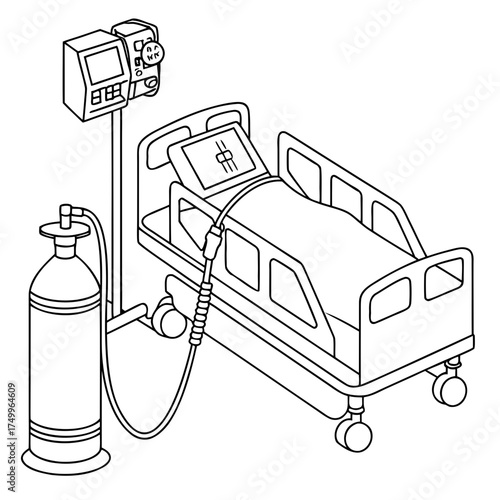A detailed isometric line drawing illustration of a hospital bed with a patient connected to a ventilator and an oxygen tank representing medical care and recovery