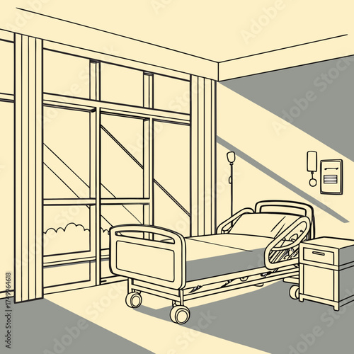 A clean line art illustration of an empty hospital room featuring a medical bed bedside table iv pole and large window with sunlight streaming in