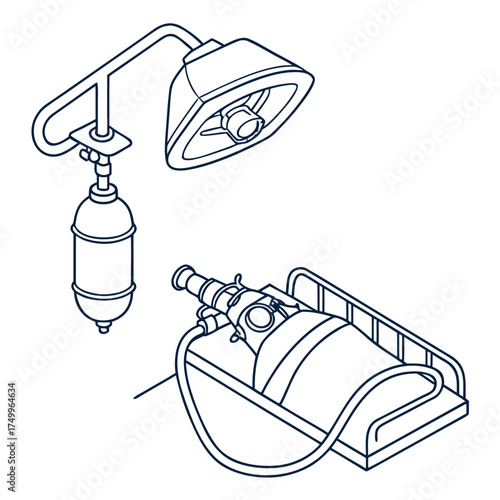 A medical illustration in a simple line drawing style depicts an operating room scene with an overhead surgical lamp and a patient bed featuring an anesthesia machine and ventilator