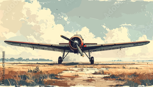 Vintage biplane over grassy field with cloudy sky