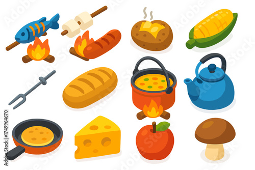 Colorful Camping Cuisine. Isometric vector illustration set Camping Food: grilled fish, roasted marshmallows, baked potato, corn