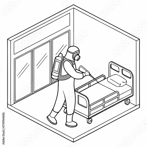 A person in a full protective hazmat suit with a respirator and backpack sprayer disinfects a hospital bed in an isometric room with large windows