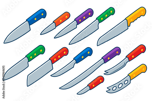 Colorful Kitchen Knives. Isometric vector illustration set Kitchen Cutting Knives: chef’s knife, paring knife, utility knife,
