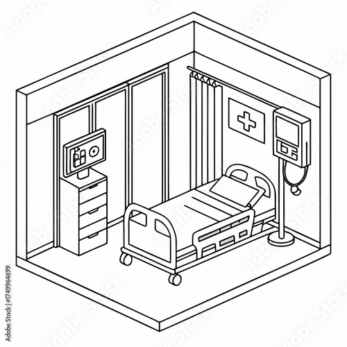A simple isometric line drawing of a hospital room featuring a medical bed a bedside cabinet with a television a medical monitor and a red cross symbol on the wall