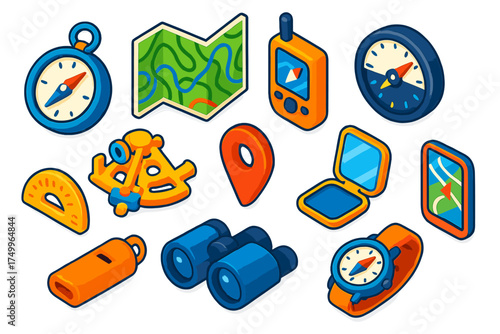 Navigation Tools Icons. Isometric vector illustration set Navigation Tools: magnetic compass, topographic map, GPS device,