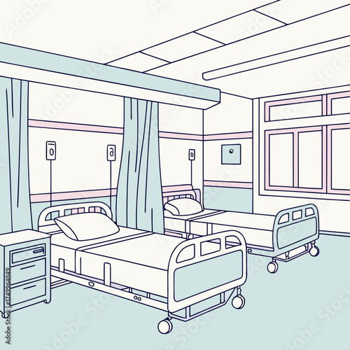 Clean minimalist illustration of a hospital room with two empty beds privacy curtains a window and a bedside table conveying a sense of sterile calm and readiness for patients