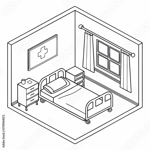 Isometric line art illustration of a hospital room interior featuring a medical bed bedside table window with curtains and a medical cross symbol on the wall