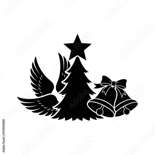 Christmas Tree, Bells, and Angel Wings Silhouette - Festive Holiday Design.