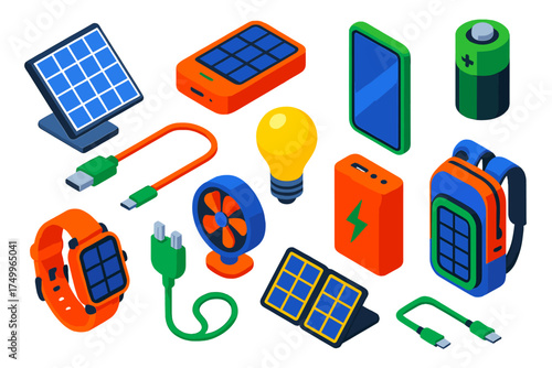 Eco-Friendly Electronics Icons. Isometric vector illustration set Eco-Friendly Electronics: solar panel, solar charger, smartphone