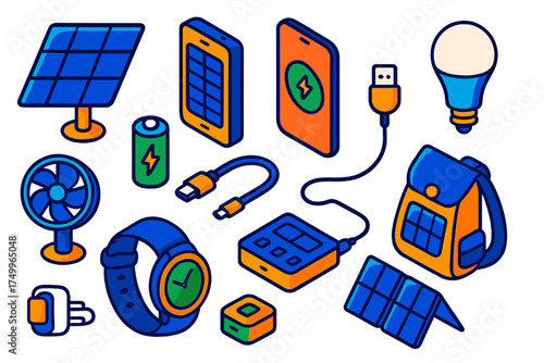 Eco-Friendly Electronics Icons. Isometric vector illustration set Eco-Friendly Electronics: solar panel, solar charger, smartphone