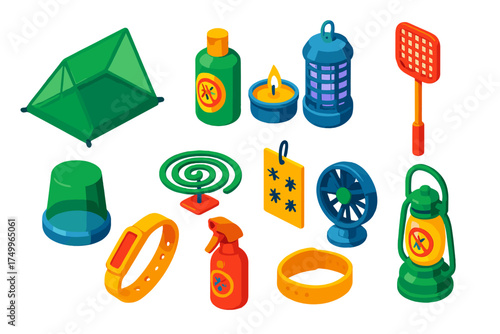 Camping Insect Essentials. Isometric vector illustration set Camping Insect Essentials: tent mosquito net, repellent lotion,