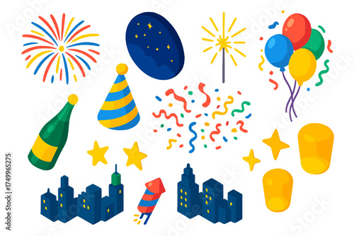 Isometric Party Festivities. Isometric vector illustration set Celebration Party Set: fireworks, sparkler, night sky, party hat,