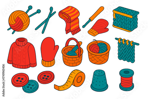 Cozy Knitting Icons. Isometric vector illustration set Cozy Knitting Icons: yarn ball, knitting needles, scarf, crochet hook,