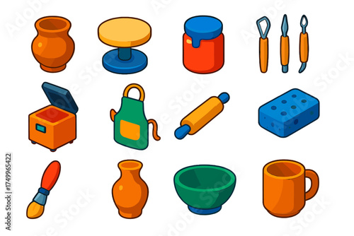 Clay Art Essentials. Isometric vector illustration set Clay Art Essentials: clay pot, pottery wheel, glaze jar, sculpting tools,