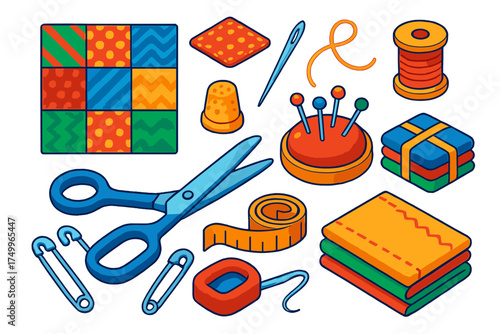 Handmade Sewing Kit. Isometric vector illustration set Handmade Sewing Kit: quilt, fabric patch, sewing needle, thread spool,