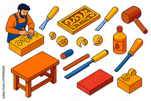Woodworking Tools Set. Isometric vector illustration set Handmade Woodwork Set: woodcarving, chisel, detail, artisan, carving