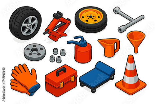 Car Maintenance Kit. Isometric vector illustration set Car Maintenance Tools: tire, jack, spare, wrench, lug nuts, wheel hub, oil