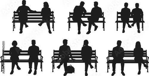 Silhouette of people sitting on park benches talking, relaxing, or waiting, vector illustration of casual outdoor scene on white background for design