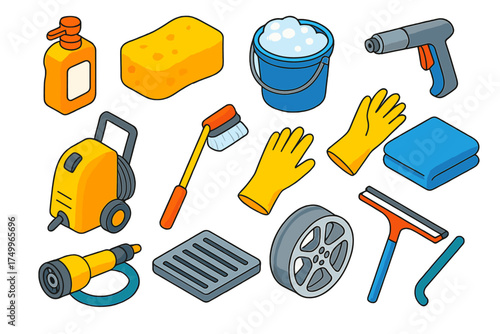Car Wash Essentials. Isometric vector illustration set Car wash: Soap bottle, Sponge, Bucket, Water spray, Pressure washer, Car