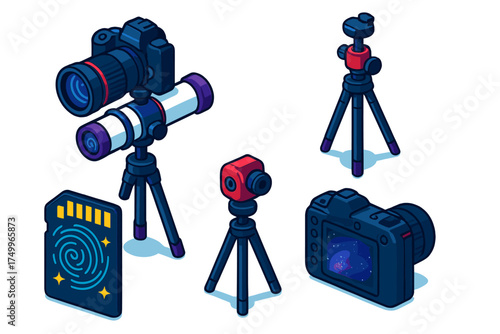 Astrophotography Gear Icons. Isometric vector illustration set Astrophotography Equipment: camera mounted on telescope, tripod