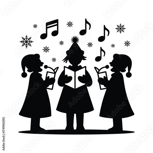 Three silhouette children singing christmas carols with music notes and snowflakes falling