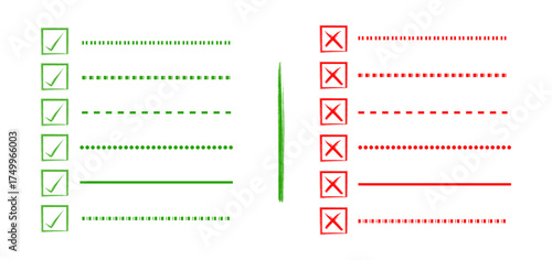 Checklist with green check marks and red x marks isolated on white background concept of choice, right and wrong, true and false, good and bad, yes and no, positive and negative