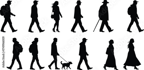 Silhouette of walking people with backpacks, hats, and dogs, vector illustration of pedestrians and street lifestyle on white background for design use