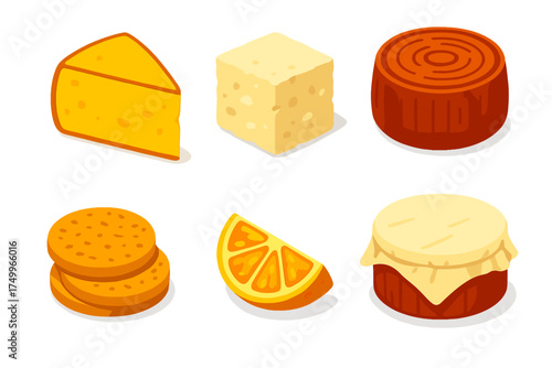Rustic Dairy Tasting. Isometric vector illustration set Rustic Dairy Tasting: farm-style cheese block, crumbly feta cube, smoked