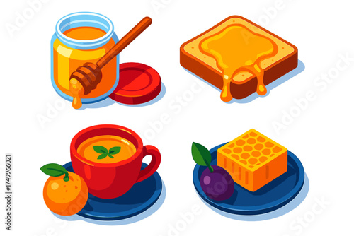 Breakfast with Honey. Isometric vector illustration set Breakfast with Honey: open honey jar, toast with honey drizzle, dipper