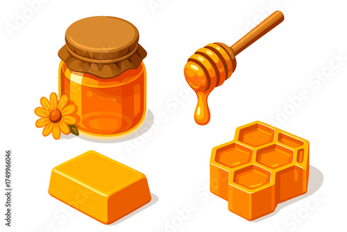 Honey Harvest Icons. Isometric vector illustration set Honey Harvest Scene: glass jar of golden honey, wooden dipper with dripping