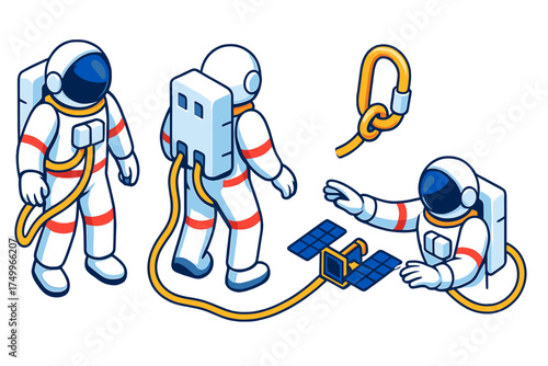 Spacewalk Essentials. Isometric vector illustration set International Spacewalk Setup: astronaut in white EVA suit, helmet
