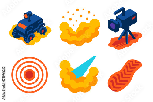 Lunar Rover Dust Motion. Isometric vector illustration set Lunar Dust Motion: dust clouds kicked by rover wheels, low gravity