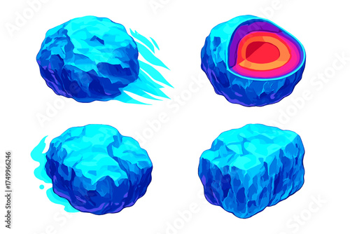 Icy Comet Structure. Isometric vector illustration set Frozen Space Object: detailed icy comet surface, layered internal structure