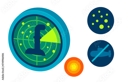 Submarine Sonar Interface. Isometric vector illustration set Submarine Sonar-Radar Hybrid: radar-style sonar screen, underwater