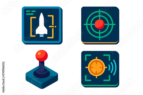 Digital Missile Interface. Isometric vector illustration set Targeting and Control Interface: digital missile guidance display,