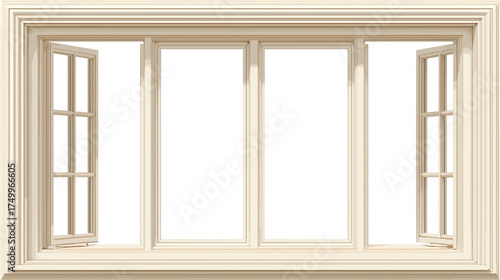 An open window with a white frame and grilles showing the dark view from the house offers a glimpse of the outside world.  