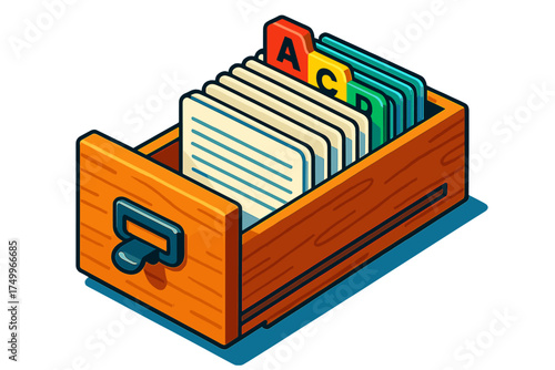 Library Card Catalog. Isometric vector illustration set Library Card Catalog Drawer: open wooden drawer with visible index cards,