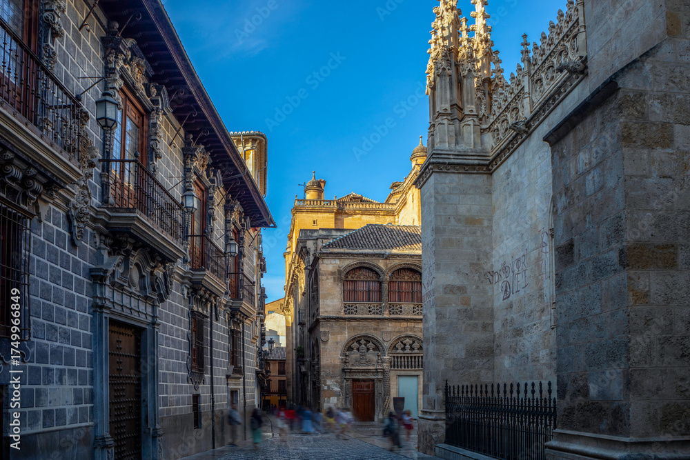 Obraz premium View of Oficios Street in Granada, Andalusia, Spain, with historic buildings such as the cathedral
