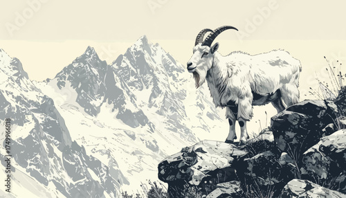 Mountain goat standing on rocks with snowy peaks