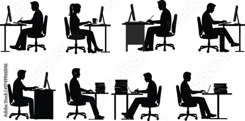 Silhouette office workers sitting at desks using computers and laptops, business people working, studying, and writing, modern workspace vector illustration on white background