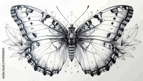 Detailed butterfly with leaves, black and white