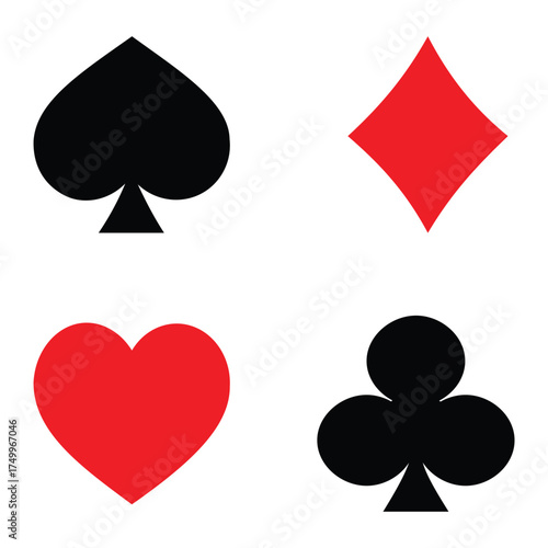 four Poker playing cards suits symbols. Card suit icons vector, hearts, diamonds, spades, clubs. Suit of playing cards. Vector illustration.