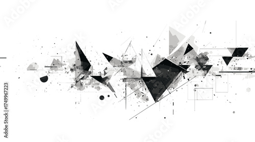 Abstract monochrome design features angular geometric shapes, splatter effects, and stark contrast in a dynamic and modern composition. 