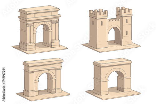 Isometric Arch Monuments. Isometric vector illustration set Historical Arch Monuments: triumphal arch with keystone, decorative