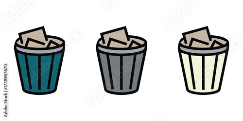 Set of three vector icons showing full trash cans or waste bins overflowing with rubbish and paper. Concepts illustrate wastefulness, disposal, office cleanup, and the need for emptying. Ideal for san