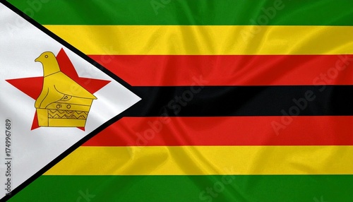 Free Download Zimbabwe national flag with seven horizontal stripes (green, gold, red, black), white triangle with red star and yellow Zimbabwe Bird. - GFXLoad