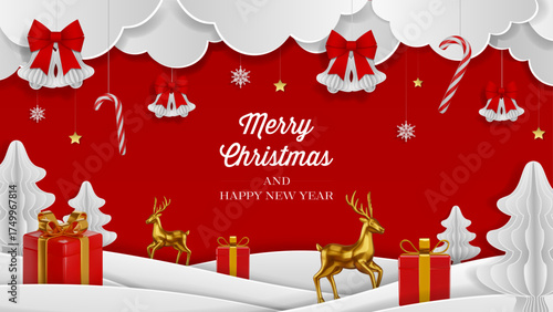 christmas background with paer clouds, bells, snowflakes and 3d reingeers and gift boxes